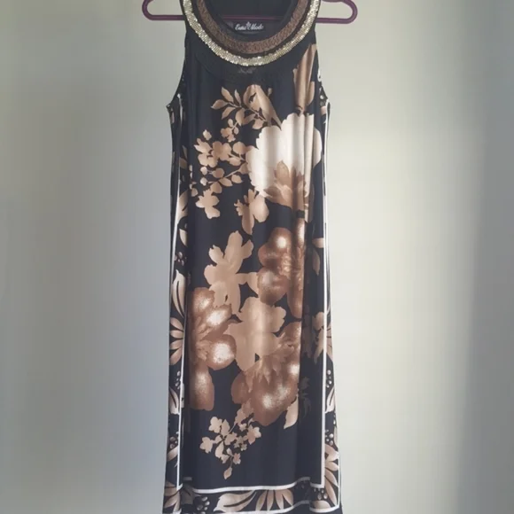 Vintage sepia floral midi dress sequined neck halter, M - Picture 2 of 6